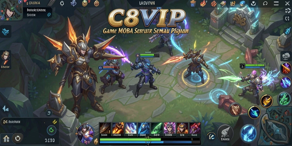 Screenshot utama C8VIP menampilkan pertarungan seru antar karakter MOBA.