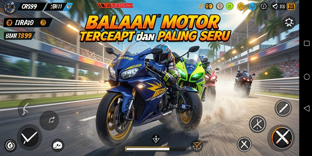 Tampilan gameplay seru dari CRS99 saat balapan motor di sirkuit menantang.