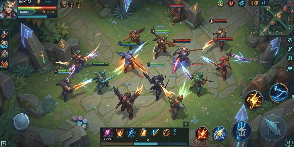 Tangkapan layar gameplay HOKI123 dengan aksi pertempuran MOBA yang seru.