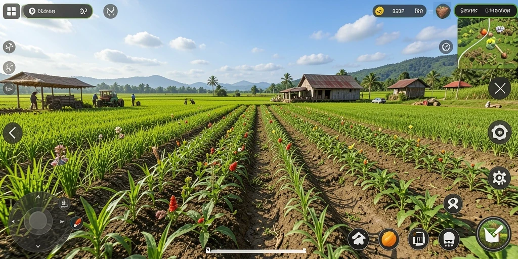 Tampilan gameplay IDRRP yang menampilkan ladang pertanian yang indah.