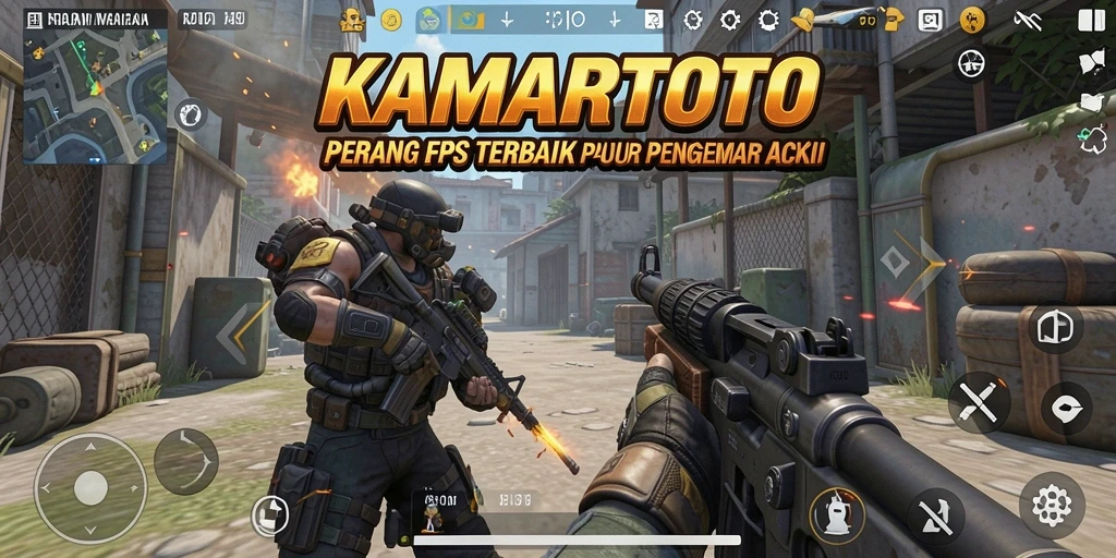 Gameplay menembak intens di KAMARTOTO dengan pemandangan menakjubkan.