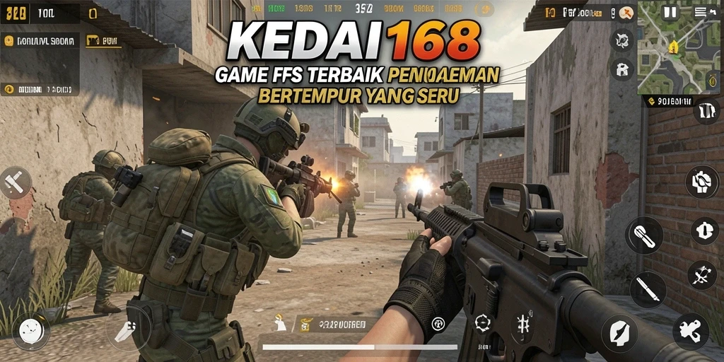 Screenshot gameplay KEDAI168 menunjukkan aksi intens dalam pertempuran FPS.