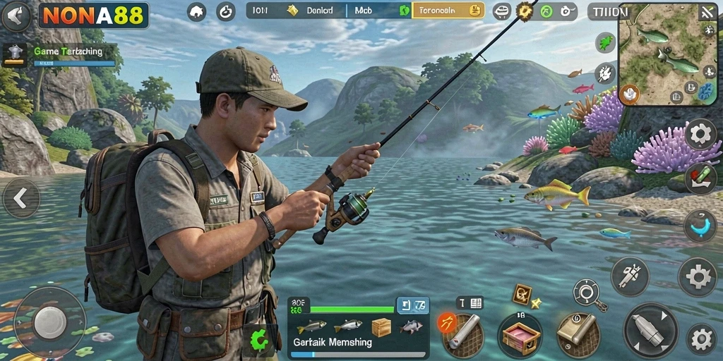 Screenshot gameplay NONA88 menunjukkan pengalaman memancing yang mendebarkan.
