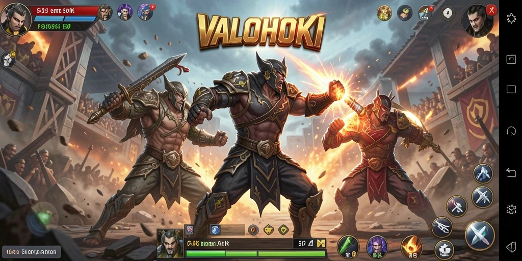 Tangkapan layar VALOHOKI menunjukkan pertarungan epik antar karakter dalam arena.